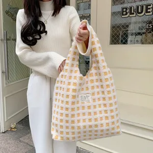 Yellow white checkered fuzzy tote bag, soft sherpa fabric, casual shoulder bag for daily use.