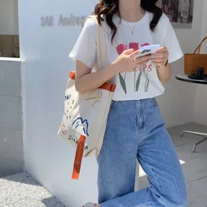 Sac cabas en toile avec lanières contrastées et broderie, grand sac à main pour le quotidien