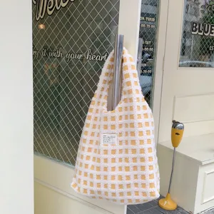 Yellow and white checkered waffle fleece tote bag, cute fuzzy shoulder bag for daily commuting.