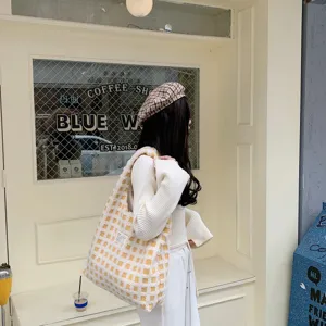 Yellow white plaid plush tote bag, large capacity casual shoulder bag for daily commute.