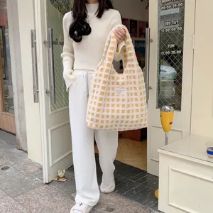 Yellow and white checkered plush tote bag, large capacity waffle fleece shoulder use bag.