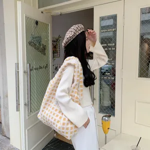 Yellow checkered plush tote bag for women, large capacity cozy shoulder bag for daily commute school.