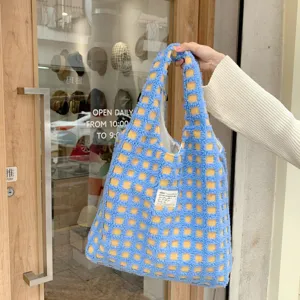 Fluffy blue yellow checkered tote bag, large capacity waffle fleece casual shoulder bag.