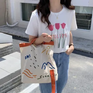 Sac cabas en toile avec sangle contraste, grand sac a epaule brode pour femmes au quotidien.