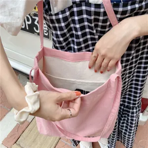 Pink cotton linen tote bag inner pocket detail view minimalist casual shoulder bag