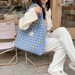 Blue and yellow checkered plush tote bag, cozy fluffy fuzzy shoulder handbag for daily use.