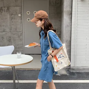 Grand sac cabas en toile pour femmes sac à épaule brodé décontracté sac à main élégant étudiant