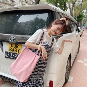 Casual minimalist pink canvas shoulder bag, sweet cotton linen tote for daily use.