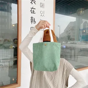 Women vintage corduroy mini tote bag casual cute bento handbag stylish green cotton bag