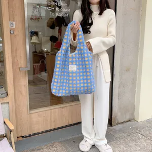Blue yellow checkered fleece tote bag soft fuzzy shoulder bag large capacity casual handbag