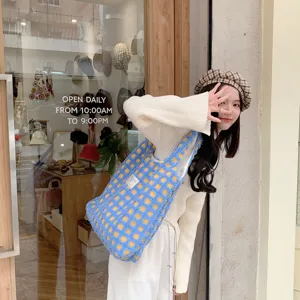 Blue yellow plaid plush tote bag for women, large capacity stylish casual shoulder bag.
