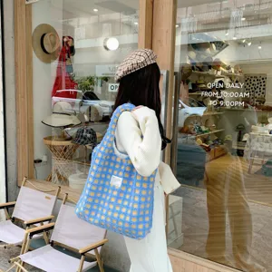 Blue yellow checkered plush tote bag stylish large capacity shoulder bag casual winter cute handbag