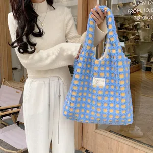 Blue yellow waffle fleece tote bag large capacity cute shoulder bag casual student book bag