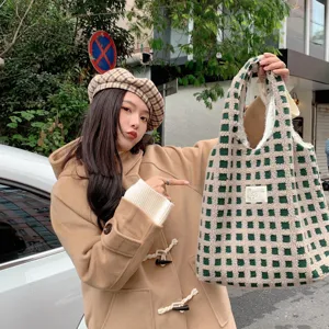 Green and white checkered fluffy tote bag, cozy plush shoulder bag for casual daily commute.