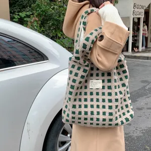 Green and beige checkered plush tote bag large capacity casual shoulder bag for women
