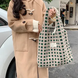 Fluffy green white check tote bag soft fleece waffle handbag casual commuter large shoulder bag