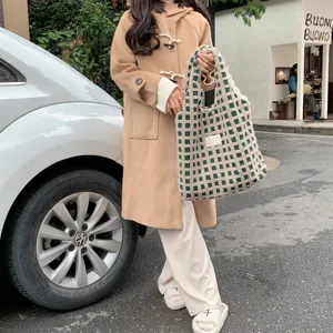 Green white checkered plush tote bag waffle fleece vest bag large capacity casual student school bag