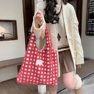 Red white plaid plush tote bag casual large capacity shoulder bag for student commuter daily use