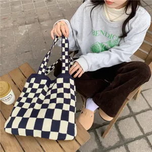 Knitted checkerboard tote bag, casual large capacity shoulder bag for women autumn style.