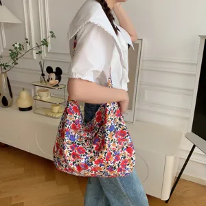 Colorful floral canvas shoulder bag detail, casual large capacity daily tote bag for women.