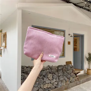 Pink corduroy makeup bag portable travel cosmetic pouch cute daily essentials organizer zipper bag