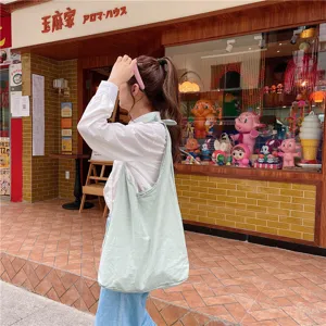 Light green canvas shoulder bag, Korean style ins plain casual sling hobo bag for women.