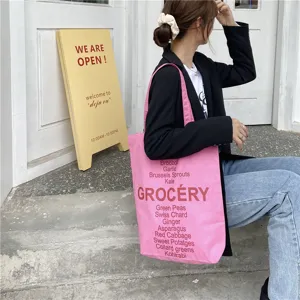 Pink canvas tote bag with grocery vegetable print stylish shoulder bag for women daily use
