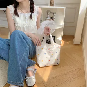 Borsa tote in tela con simpatici pois colorati, piccola borsetta casual per uso giornaliero.