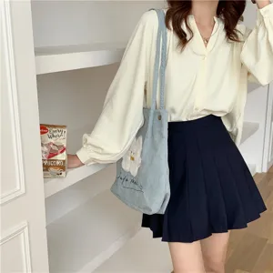 Cute corduroy shoulder bag for women student aesthetic casual daily tote bag blue
