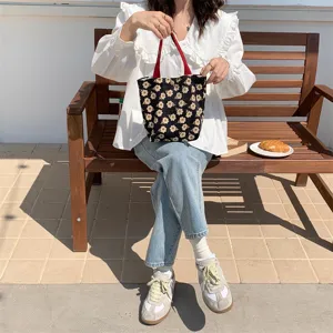Cute floral corduroy lunch handbag with red handles, perfect casual tote bag daily use.