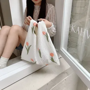 White pleated canvas tote bag featuring cute tulip embroidery, large capacity casual bag.