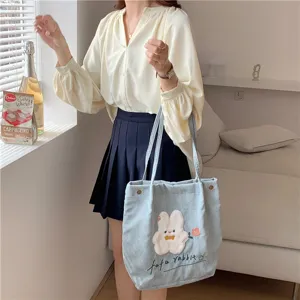 Japanese corduroy cute embroidery shoulder bag, aesthetic student tote bag for daily use.