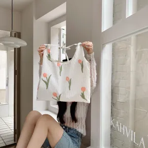 Large capacity canvas tote bag with elegant pink tulip embroidery, casual white shoulder bag.