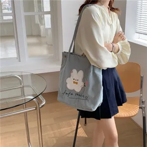 Japanese corduroy cute rabbit embroidery shoulder bag tote bag for women daily student use.