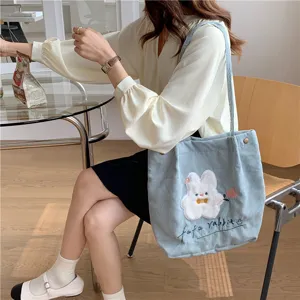 Japanese corduroy shoulder bag cute rabbit embroidery casual tote bag for daily school