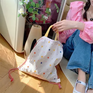 Zaino con coulisse in tela a pois colorati, manici gialli, borsa estiva casual