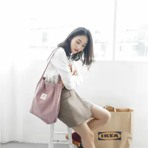 Women Corduroy Shoulder Bag Large Capacity Literary Tote Bag Casual Bucket Bag Solid Color Commuter Handbag Female