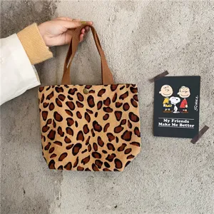 Leopard print corduroy tote bag casual retro handbag small lunch bag shopping tote purses