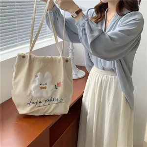 Casual Corduroy Tote Bag For Women Cute Cartoon Embroidery Rabbit Shoulder Bag Retro Student School Book Bag Daily Handbag