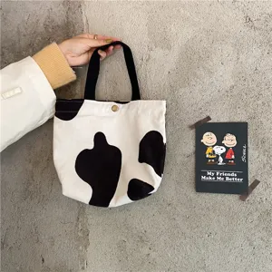 Corduroy cow print tote canvas bag cute lunch handbag casual reusable storage bag