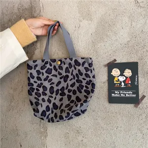 Grey leopard corduroy tote bag mini handbag casual cute lunch bag storage pouch shopping