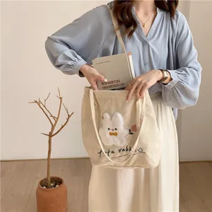 Japanese vintage corduroy tote bag with cute rabbit embroidery for students daily