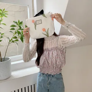 White pleated canvas clutch bag with lovely tulip embroidery, portable daily organizer pouch for women.