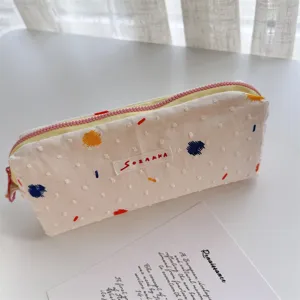 Astuccio in tela con pois colorati e cerniera rosa, borsa per cancelleria carina ed elegante.