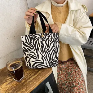 Zebra print corduroy tote bag, casual small handbag for daily use, stylish lunch bag.
