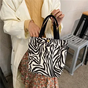 Zebra print small canvas tote bag, casual handbag for daily use, lunch storage and shopping.