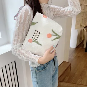 Tulip embroidered white crinkle pouch large capacity portable handbag cosmetic organizer bag