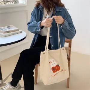 Cute corduroy shoulder bag for women, literary rabbit embroidery casual tote handbag daily.