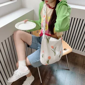 Tulip embroidered canvas tote bag, large capacity casual shoulder bag for women daily use.