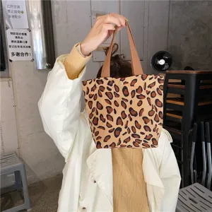 Leopard print corduroy tote bag, casual small handbag for daily use, lunch storage pouch.